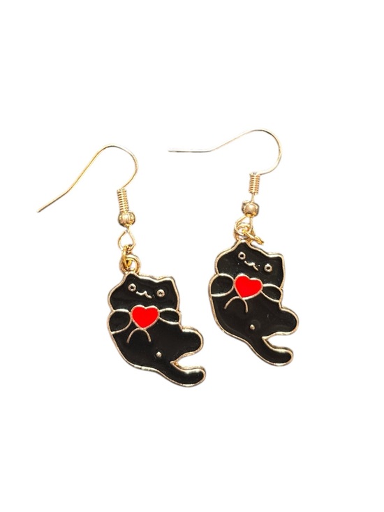 Hand Crafted Jewelry - Hand Crafted Black Cat with Heart Dangle Earrings on Gold Hooks